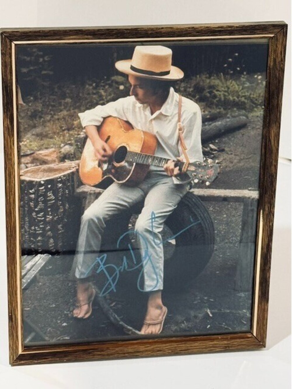 Vintage Bob Dylan Autographed Framed Photo Playing Acoustic Guitar Woodstock Era